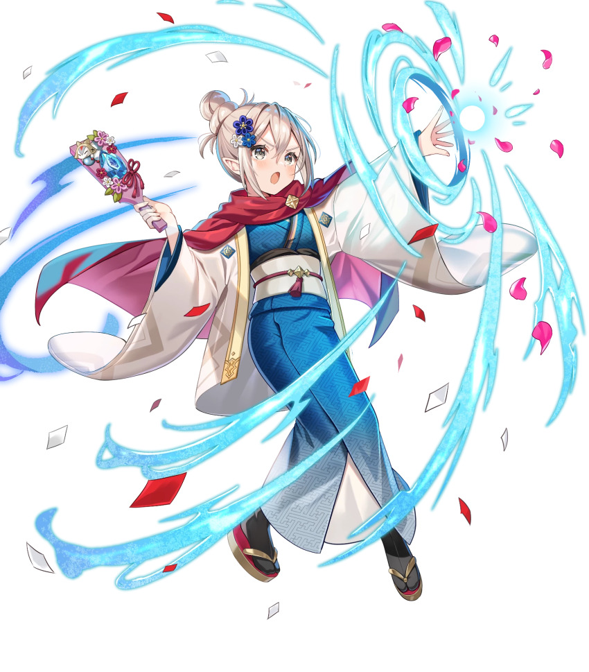 1girl, attack, blue_kimono, energy_ball, fire_emblem, fire_emblem_fates, fire_emblem_heroes, flower