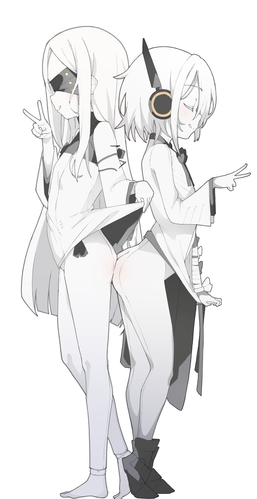 2girls, :p, absurdres, ass, ass-to-ass, bandaged_arm, bandages, barefoot, black_bow, black_bowtie, black_footwear, blindfold, blue_archive, blush, boots, bow, bowtie, closed_eyes, clothes_lift, coat, coat_tug, colored_skin, covered_eyes, dress, dress_lift, female_focus, flat_chest, full_body, hand_up, headphones, highres, legs, licking_lips, light_blush, loli, long_hair, long_sleeves, multiple_girls, ohr_(blue_archive), profile, s10021, shirt, short_hair, sidelocks, simple_background, smile, sof_(blue_archive), standing, thighs, tongue, tongue_out, v, white_background, white_coat, white_hair, white_shirt, white_skin, wide_sleeves