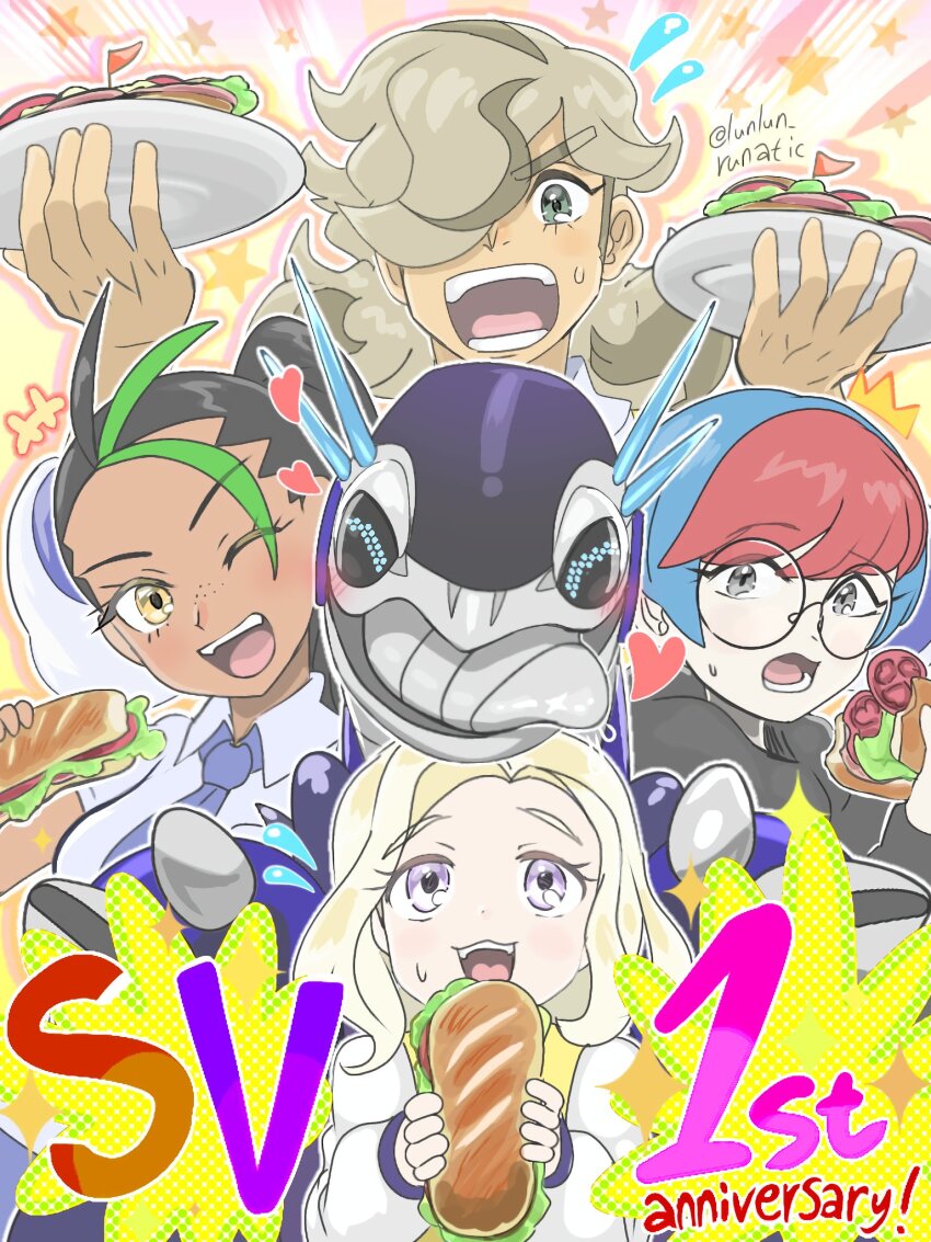 1boy, 3girls, anniversary, arven_(pokemon), black_hair, blonde_hair, blue_hair, brown_hair, dark-skinned_female, dark_skin, food, freckles, glasses, green_eyes, green_hair, grey_eyes, hair_over_one_eye, hair_pulled_back, highres, holding, holding_food, juliana_(pokemon), light_brown_hair, long_hair, miraidon, multicolored_hair, multiple_girls, naranja_academy_school_uniform, necktie, nemona_(pokemon), nintendo, open_mouth, penny_(pokemon), pokemon, pokemon_(creature), pokemon_scarlet_and_violet, ponytail, purple_necktie, red_hair, round_eyewear, runachikku, school_uniform, shirt, short_hair, smile, streaked_hair, two-tone_hair