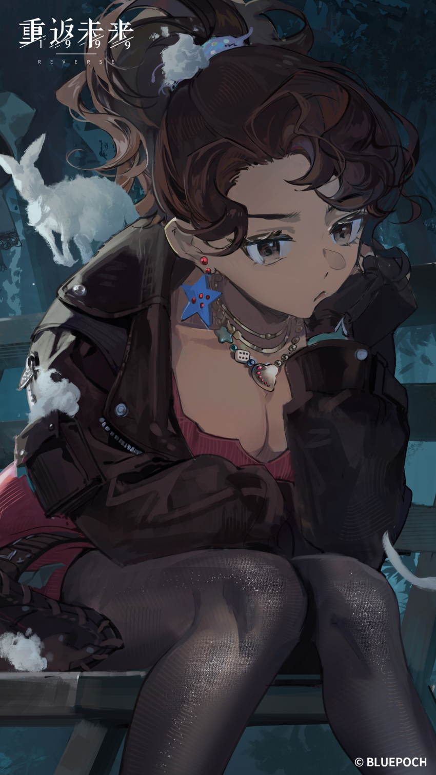 1girl, :/, absurdres, annoyed, arm_on_thigh, black_jacket, black_pantyhose, breasts