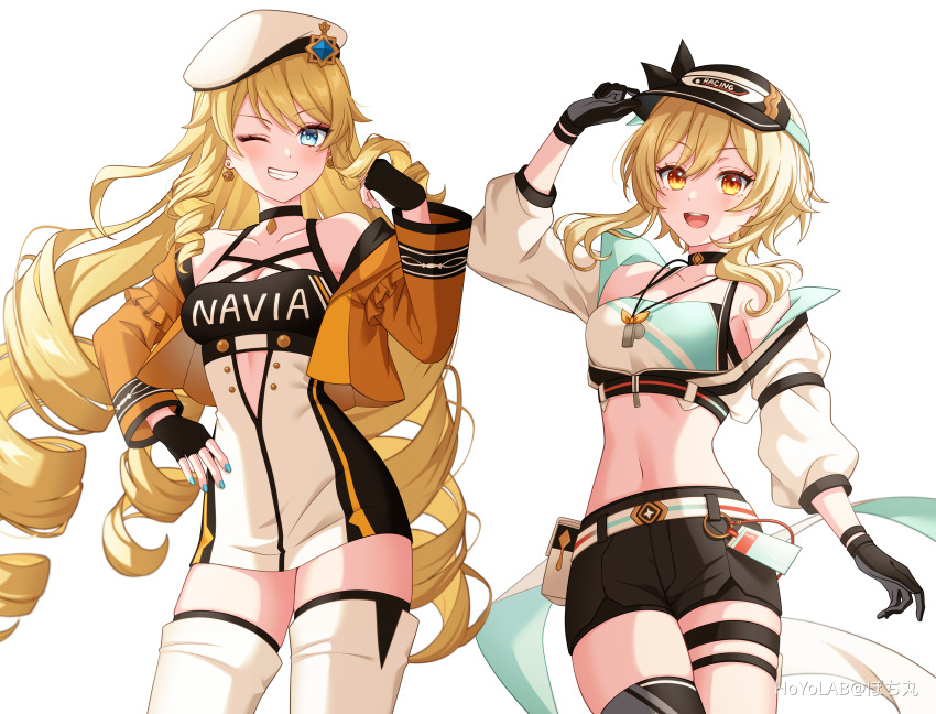 2girls, absurdres, alternate_costume, bare_shoulders, beret, black_choker, black_gloves, black_shorts