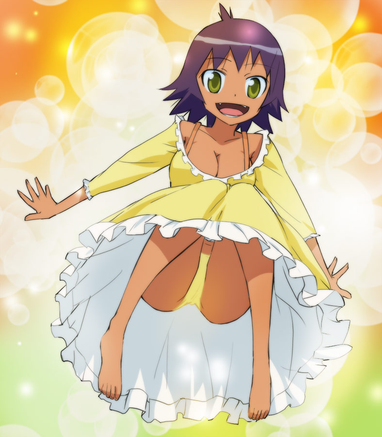 1girl, barefoot, breasts, chiro_(maji_moji_rurumo), cleavage, collarbone, commentary_request, dark-skinned_female