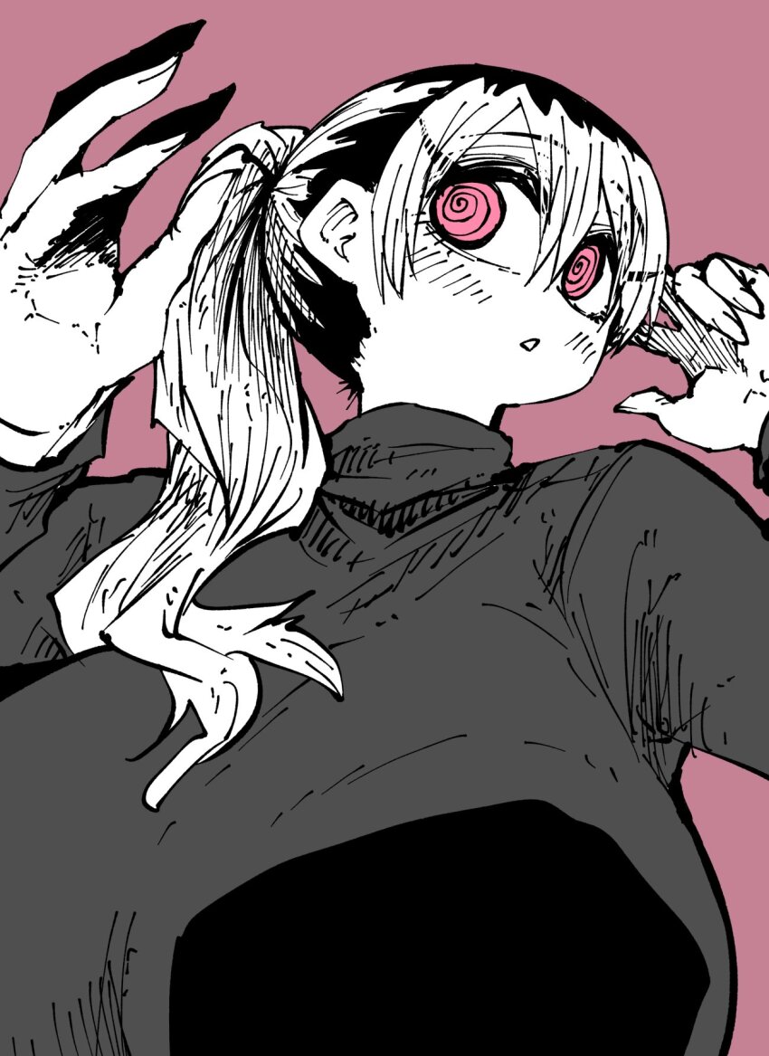 :o, @_@, against_fourth_wall, alternate_hairstyle, black_hair, blush, breasts, grey_shirt