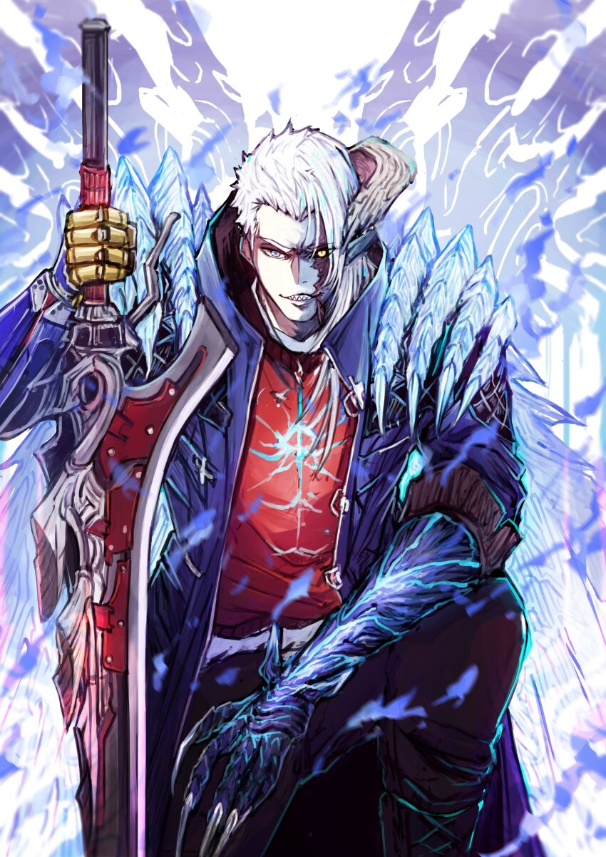 1boy, absurdres, blue_jacket, claws, devil_breaker, devil_may_cry_(series), devil_may_cry_5, devil_trigger, glowing, glowing_eyes, glowing_wings, highres, hood, hooded_jacket, jacket, long_long_guaiwu_yuan, looking_at_viewer, mechanical_arms, nero_(devil_may_cry), open_clothes, open_jacket, overture_(devil_may_cry), red_queen_(sword), single_mechanical_arm, smile, solo, white_hair, wings, yellow_eyes