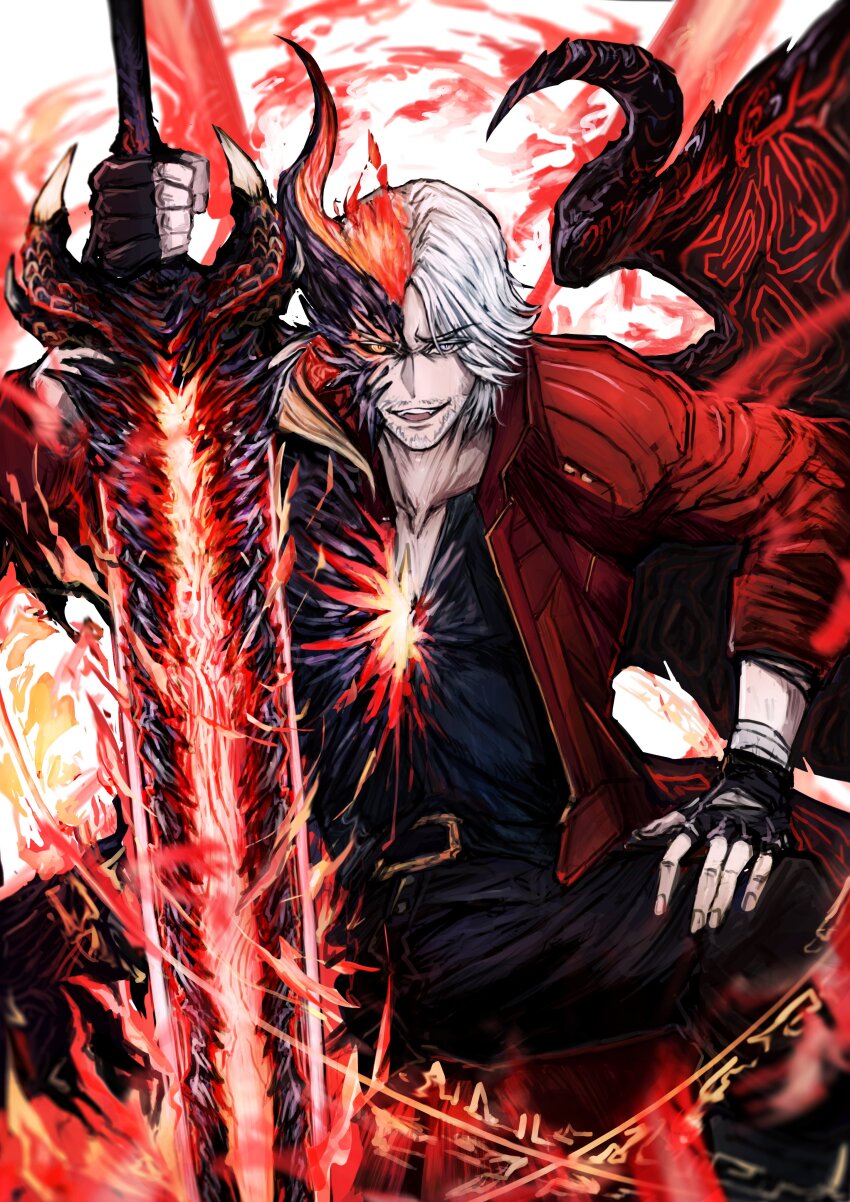 1boy, absurdres, aura, beard_stubble, black_sclera, colored_sclera, dante_(devil_may_cry), demon_boy, demon_wings, devil_may_cry_(series), devil_may_cry_5, devil_sword_dante, devil_trigger, facial_hair, glowing, glowing_sword, glowing_weapon, highres, horns, jacket, long_long_guaiwu_yuan, looking_at_viewer, male_focus, red_jacket, sin_devil_trigger, smile, solo, stubble, sword, transformation, weapon, white_hair, wings