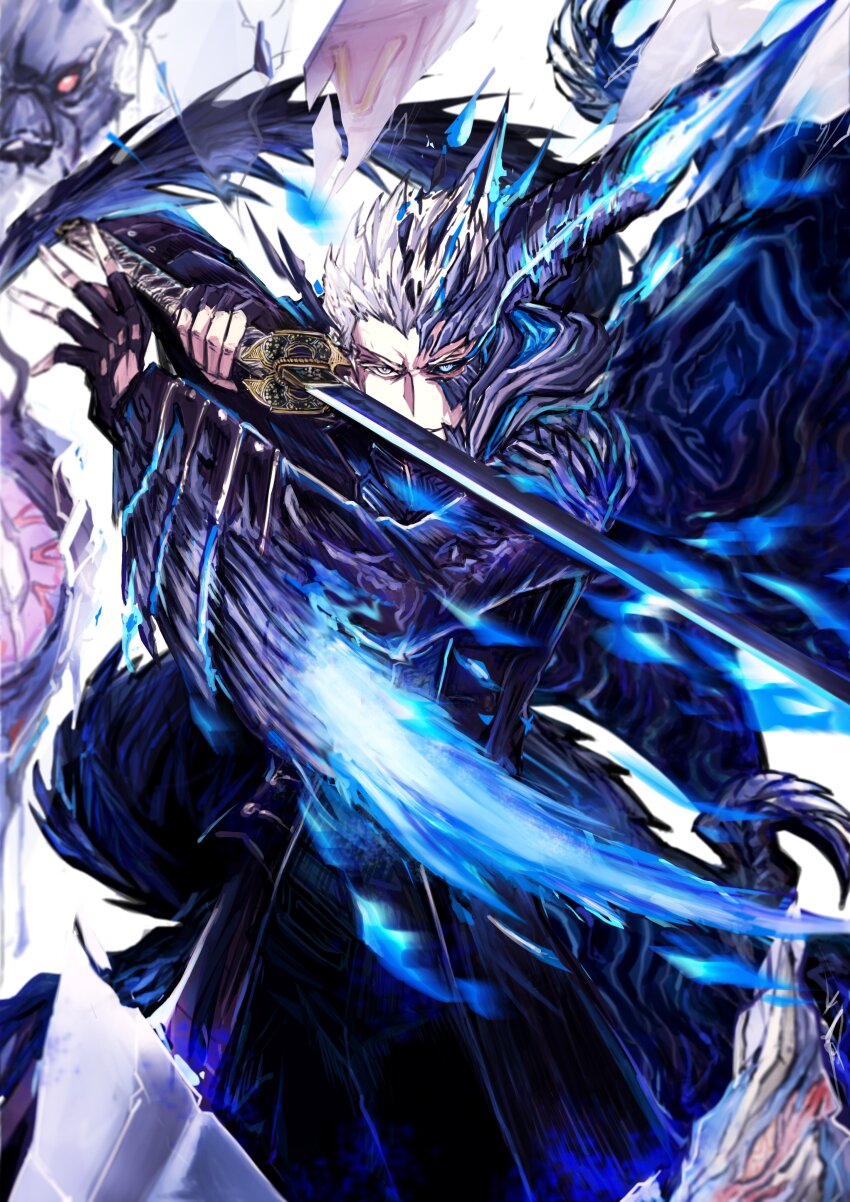 1boy, absurdres, arm_blade, black_coat, black_sclera, blue_eyes, broken_glass, coat, colored_sclera, demon_boy, demon_wings, devil_may_cry_(series), devil_may_cry_5, devil_trigger, fighting_stance, fingerless_gloves, glass, gloves, griffon_(devil_may_cry_5), highres, horns, long_long_guaiwu_yuan, looking_at_viewer, nightmare_(devil_may_cry), shadow_(devil_may_cry_5), sin_devil_trigger, smile, solo, sword, transformation, vergil_(devil_may_cry), weapon, white_hair, wings, yamato_(sword)