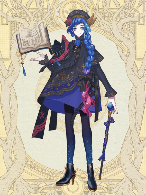 1boy, alba_alfurira, androgynous, ankle_boots, beret, black_boots, black_bow, black_bowtie, black_dress, black_hat, black_leggings, blue_bow, blue_dress, blue_eyes, blue_flower, blue_hair, blue_rose, book, boots, bow, bowtie, braid, cane, cross, cross-laced_clothes, cross_print, dairoku_ryouhei, diagonal_bangs, dress, earrings, floating, floating_book, floating_earrings, floating_object, flower, frilled_shirt_collar, frills, full_body, gradient_hair, gradient_legwear, hair_bow, hair_over_shoulder, hat, hat_flower, hat_ornament, high_heel_boots, high_heels, holding, holding_cane, jewelry, layered_sleeves, leggings, long_hair, long_sleeves, looking_at_viewer, male_focus, multicolored_hair, nail_polish, object_floating_above_hand, open_book, pink_flower, pink_hair, pink_rose, red_nails, rose, short_over_long_sleeves, short_sleeves, single_braid, single_earring, single_shoulder_pad, smile, solo, star_(symbol), star_earrings, starry_hair, starry_sky_print, striped_bow, striped_bowtie, striped_clothes, tassel, trapeze_dress, umai_oimo, wing_hat_ornament, yellow_background