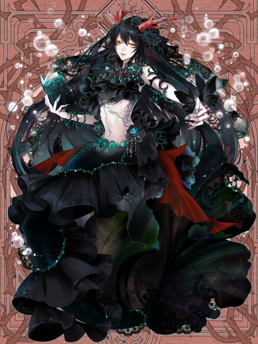 1boy, air_bubble, androgynous, armlet, belt, black_butterfly, black_flower, black_hair, black_rose, black_shirt, black_skirt, black_veil, book, brooch, brown_background, bubble, bug, butterfly, chest_tattoo, coral, crop_top, dairoku_ryouhei, dark_persona, fingernails, fins, flower, flower_tattoo, frills, full_body, gem, green_gem, green_nails, green_scales, hair_between_eyes, hair_flower, hair_ornament, head_fins, highres, holding, holding_book, horns, insect, jewelry, lilu_luli, long_hair, looking_at_viewer, male_focus, mermaid, merman, midriff, miyo1101, monster_boy, monster_girl, open_book, outstretched_arm, parted_lips, red_gem, rose, sharp_fingernails, shirt, sidelocks, skirt, sleeveless, smile, solo, tattoo, thorns, veil, very_long_hair, yellow_eyes