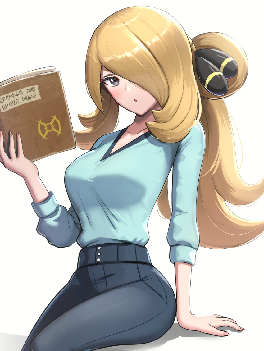 1girl, :/, absurdres, black_pants, blonde_hair, blue_shirt, book, breasts