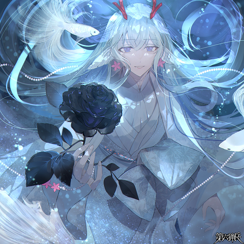 1boy, air_bubble, ame_tyaya, androgynous, black_flower, black_rose, blue_hair, bubble, coral, dairoku_ryouhei, feet_out_of_frame, fins, fish, flower, gem, giving, hair_between_eyes, head_fins, holding, holding_flower, horns, japanese_clothes, kimono, light_blue_hair, lilu_luli, long_hair, looking_at_viewer, male_focus, mermaid, merman, monster_boy, monster_girl, obi, parted_lips, pearl_(gemstone), pink_flower, purple_eyes, rose, sash, shirt, siamese_fighting_fish, sidelocks, smile, solo, underwater, veil, white_kimono, white_sash, white_shirt, wide_sleeves