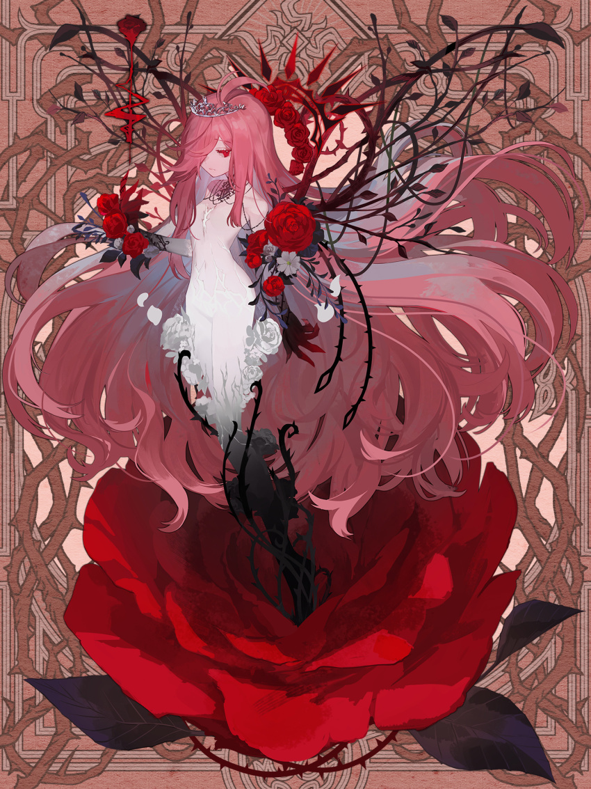 1girl, ahoge, ame_tyaya, asymmetrical_sidelocks, black_skin, breasts, brown_background, claws, closed_mouth, colored_skin, completely_nude, dairoku_ryouhei, expressionless, flower, flower_wreath, full_body, gradient_skin, hair_over_one_eye, halo, halo_behind_head, highres, jewelry, lavie_rougeblanche, leaf, long_hair, looking_at_viewer, monster_girl, necklace, no_nipples, no_pussy, nude, on_flower, pink_hair, plant, plant_girl, red_eyes, red_flower, red_halo, red_rose, rose, sidelocks, sideways_glance, small_breasts, solo, thorns, tiara, very_long_hair, vines, white_flower, white_rose, white_skin