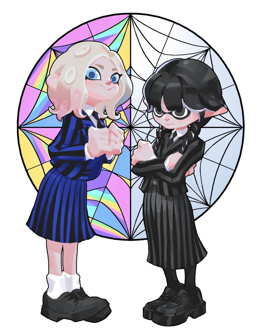 2girls, :>, the_addams_family, aha_(hu4ky), annoyed, black_eyes, black_footwear, black_hair