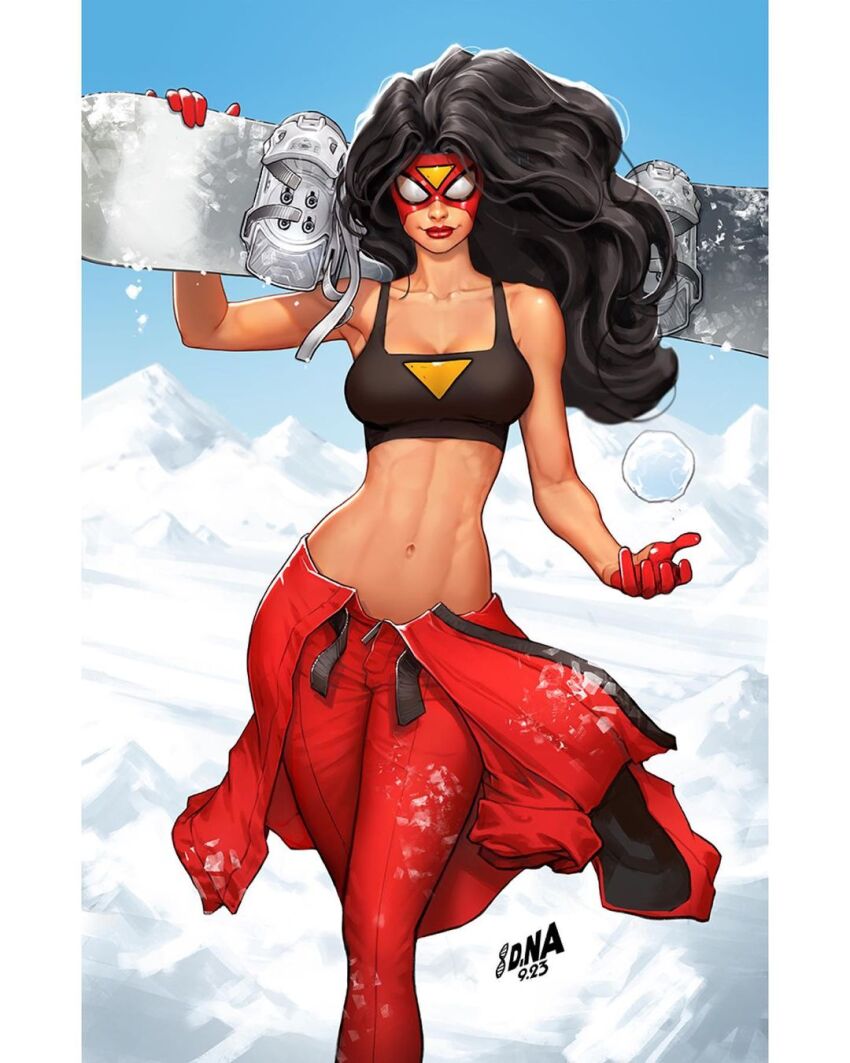 1girl, alternate_costume, black_hair, black_sports_bra, blue_sky, breasts, cleavage, david_nakayama, gloves, highres, holding_snowboard, jessica_drew, long_hair, looking_at_viewer, marvel, mask, medium_breasts, navel, pants, pillarboxed, red_gloves, red_lips, red_pants, sky, snow, snowball, solo, spider-man_(series), spider-woman, sports_bra