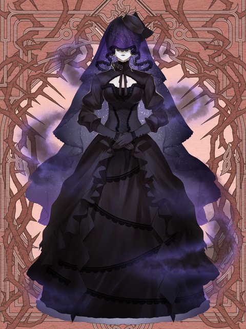 1girl, amata_primus, ame_tyaya, aura, black_dress, black_flower, black_gloves, black_headwear, black_ribbon, black_rose, black_veil, brown_background, cleavage_cutout, closed_mouth, clothing_cutout, corsage, covered_eyes, dairoku_ryouhei, dark_aura, dress, expressionless, facing_viewer, flower, full_body, gloves, gown, juliet_sleeves, lace, lace-trimmed_dress, lace_trim, long_dress, long_sleeves, neck_ribbon, pillbox_hat, puffy_sleeves, ribbon, rose, solo, straight-on, v_arms, veil, veil_over_eyes