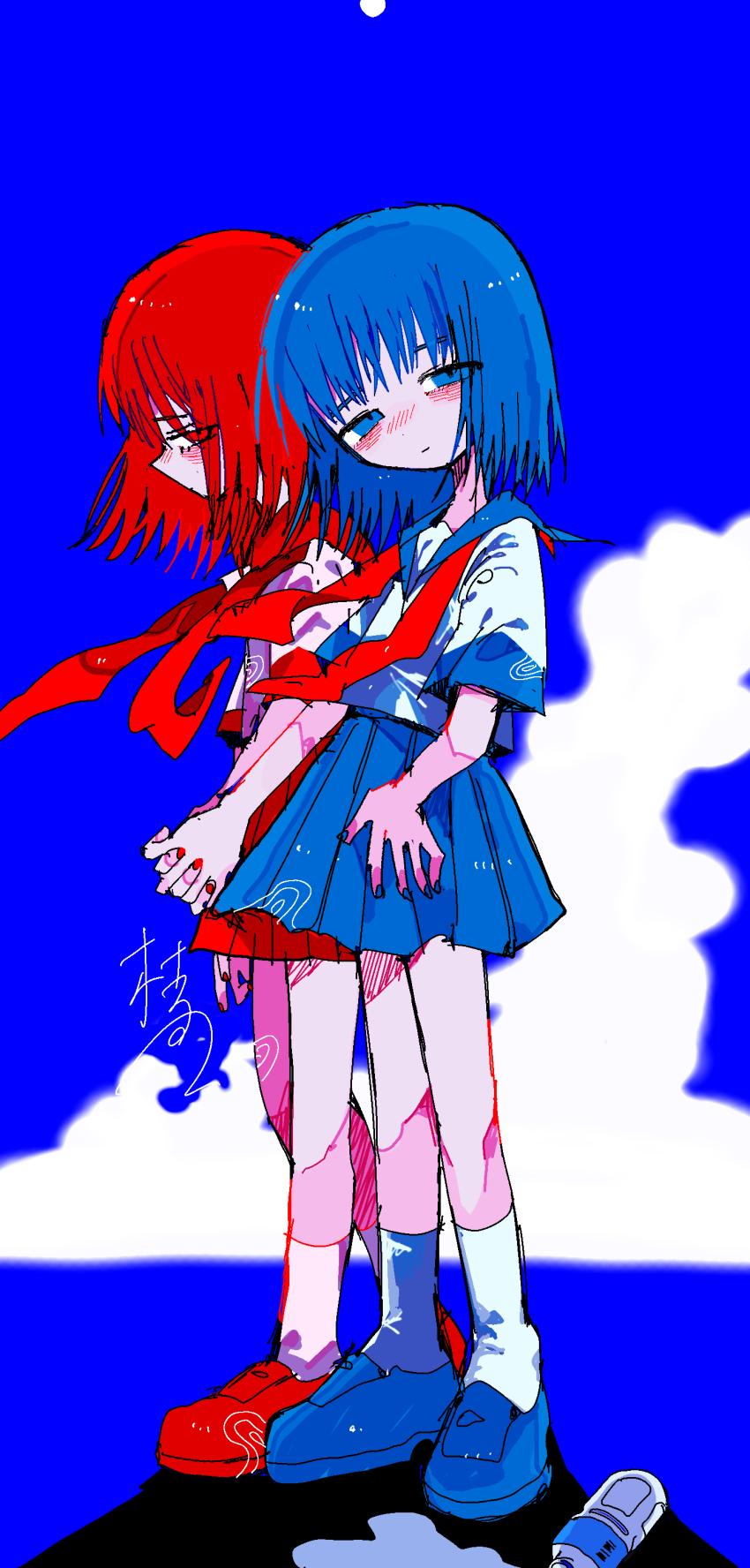2girls, absurdres, blue_background, blue_eyes, blue_footwear, blue_hair, blue_nails, blue_sailor_collar