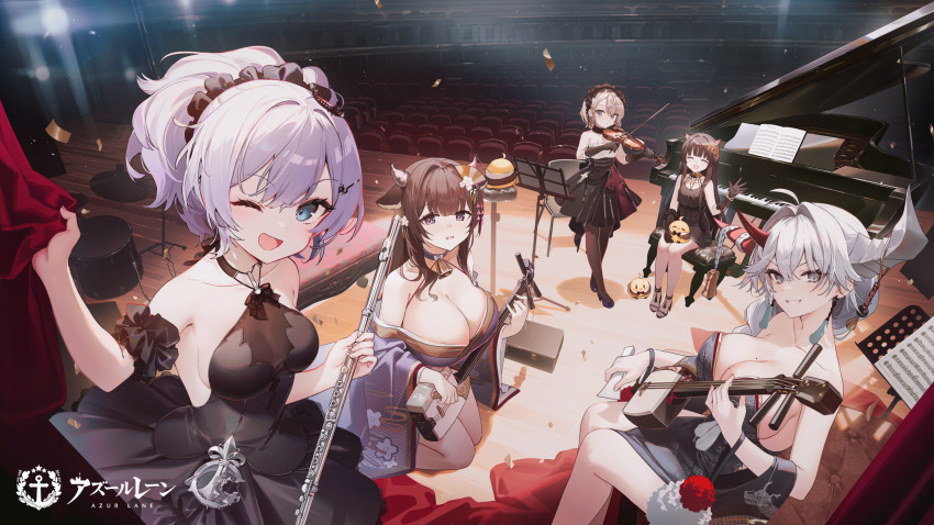 5girls, animal_ears, azur_lane, bare_shoulders, black_dress, black_gloves, black_hair, black_pantyhose