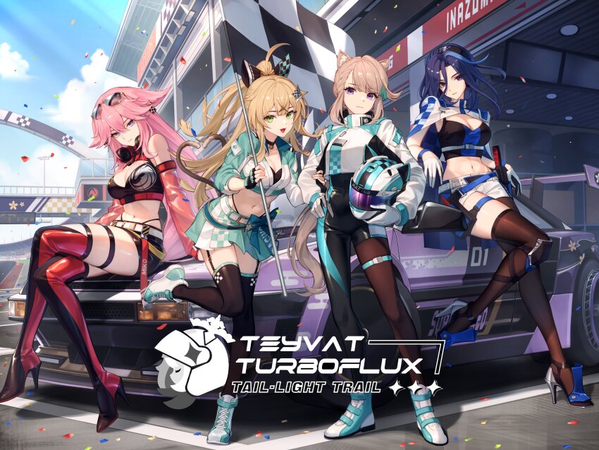 4girls, :3, absurdres, ahoge, alternate_costume, animal_ears, armpit_peek, asymmetrical_clothes, baek_hyang, bare_shoulders, bell, belt, black_choker, black_footwear, black_gloves, black_shirt, black_shorts, black_thighhighs, blonde_hair, blue_hair, bodysuit, boots, bow, breasts, brown_hair, brown_pantyhose, brown_thighhighs, capelet, car, cat_ears, cat_girl, cat_tail, checkered_flag, choker, cleavage, cleavage_cutout, clorinde_(genshin_impact), clorinde_(teyvat_turboflux)_(genshin_impact), closed_mouth, clothing_cutout, confetti, covered_navel, crop_top, crop_top_overhang, cropped_jacket, crossed_legs, day, detached_sleeves, earrings, eyewear_on_head, fingerless_gloves, flag, fox_ears, garter_straps, genshin_impact, gloves, green_eyes, green_jacket, green_skirt, hair_bow, hair_ornament, hairclip, half_gloves, half_updo, hand_on_own_hip, headphones, headphones_around_neck, helmet, high_heel_boots, high_heels, highleg, highleg_panties, highres, holding, holding_flag, jacket, jewelry, jingle_bell, kirara_(genshin_impact), kirara_(teyvat_turboflux)_(genshin_impact), large_breasts, leg_up, long_hair, long_sleeves, lynette_(genshin_impact), medium_breasts, midriff, miniskirt, motor_vehicle, multicolored_hair, multicolored_thighhighs, multiple_girls, multiple_tails, navel, new_year, official_alternate_costume, official_alternate_hairstyle, official_art, on_car, open_mouth, outdoors, panties, panty_straps, pantyhose, pink_hair, pleated_skirt, ponytail, purple_eyes, race_queen, race_vehicle, racecar, red_footwear, red_sleeves, revealing_clothes, second-party_source, see-through_clothes, see-through_sleeves, shirt, shoes, short_shorts, shorts, single_leg_pantyhose, single_pantsleg, single_thighhigh, sitting, skindentation, skirt, sleeveless, sleeveless_shirt, smile, spaghetti_strap, standing, standing_on_one_leg, stomach, streaked_hair, string_panties, sunglasses, tail, thigh_boots, thigh_strap, thighhighs, thighs, two-tone_thighhighs, two_tails, underwear, unworn_headwear, unworn_helmet, very_long_hair, waving_flag, white_footwear, white_gloves, white_shorts, yae_miko, yae_miko_(teyvat_turboflux), zettai_ryouiki