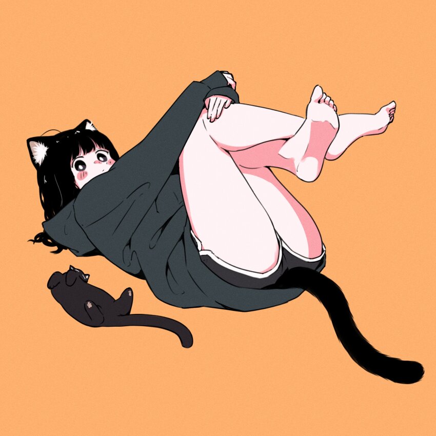ahoge, animal_ear_fluff, animal_ears, bare_legs, barefoot, black_cat, black_eyes, black_hair, blush_stickers, bright_pupils, cat, cat_ears, cat_girl, cat_tail, crossed_legs, dolphin_shorts, feet, grey_hoodie, hands_on_own_knees, highres, hood, hoodie, kuro_(uchi_no_kuroneko_onnanoko), long_sleeves, looking_at_viewer, lying, megateru, no_nose, on_back, on_floor, oversized_clothes, shorts, sleeves_past_wrists, soles, tail, thighs, toes, uchi_no_kuroneko_onnanoko, white_pupils