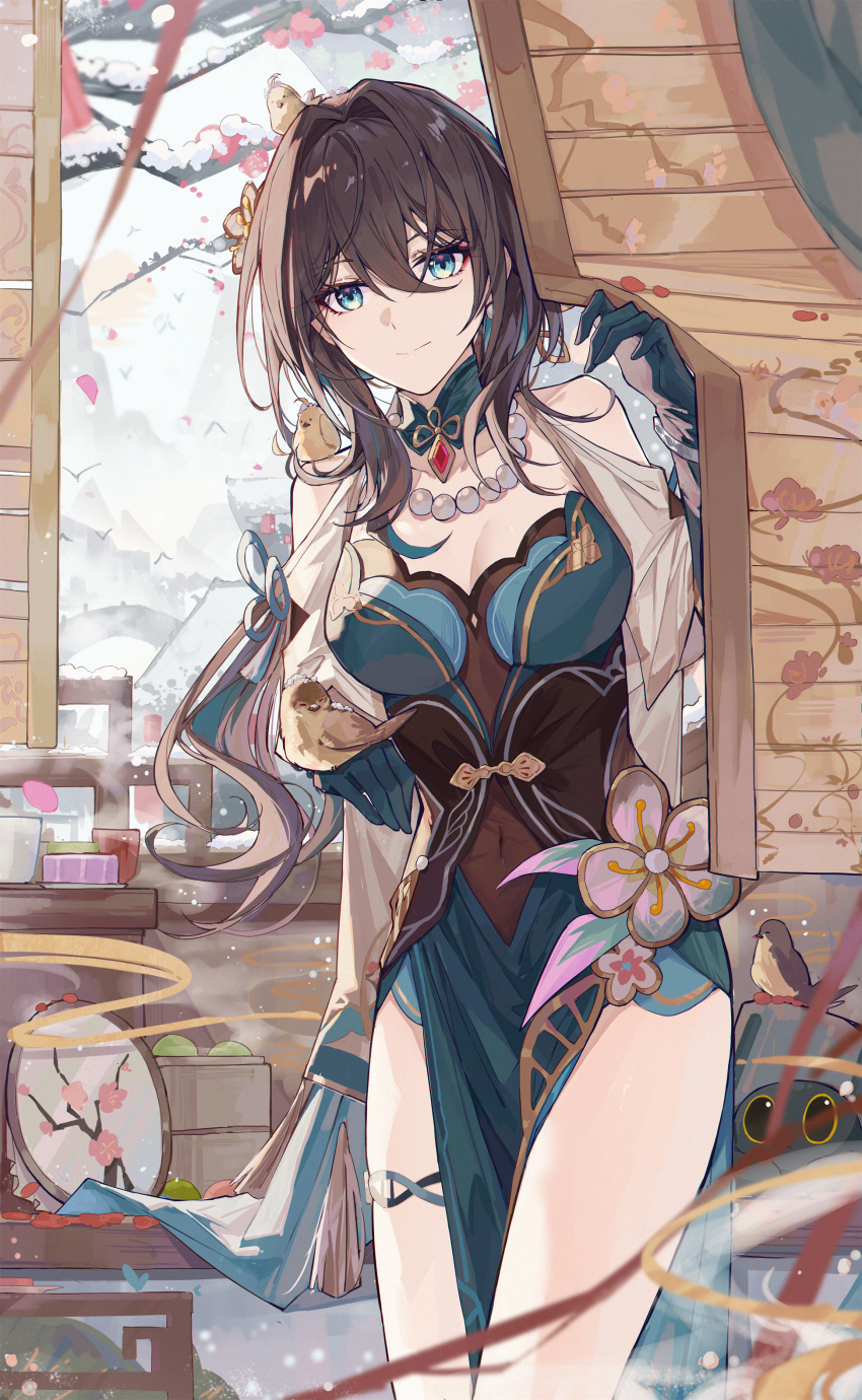 1girl, absurdres, animal, animal_on_arm, animal_on_head, bare_shoulders, bird, bird_on_arm