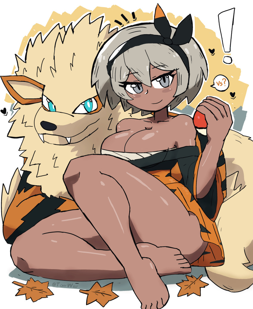 !, 1girl, absurdres, animal, arcanine, autumn_leaves, bandages, barefoot, bea_(pokemon), black_kimono, blue_eyes, blush, breasts, chest_sarashi, cleavage, collarbone, dark-skinned_female, dark_skin, dog, fangs, gen_1_pokemon, grey_eyes, grey_hair, hairband, hakama, heart, highres, holding, holding_poke_ball, japanese_clothes, kimono, large_breasts, leaf, long_sleeves, nintendo, off_shoulder, orange_hakama, poke_ball, poke_ball_(basic), pokemon, pokemon_(creature), pokemon_sword_and_shield, sarashi, short_hair, sitting, smile, speech_bubble, tony_welt, white_background, wide_sleeves