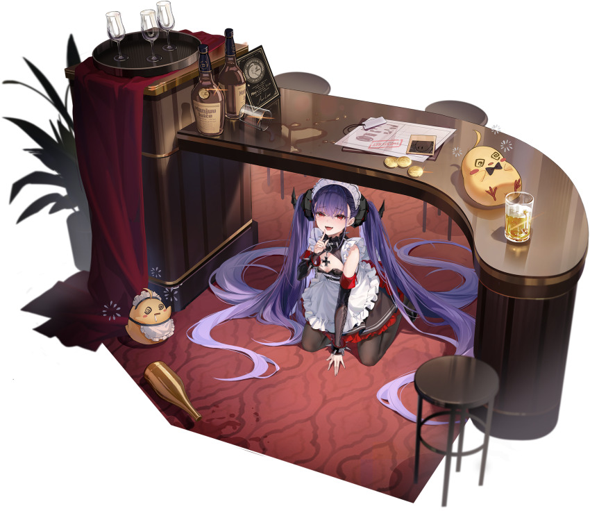 1girl, absurdly_long_hair, alcohol, alternate_costume, apron, arm_support, azur_lane, bar_(place), bare_shoulders, beer, beer_mug, bird, black_dress, black_footwear, black_horns, black_pantyhose, black_sleeves, blush, bottle, bracelet, breasts, center_opening, chain, cleavage, cleavage_cutout, clothing_cutout, coin, collar, cross, cuffs, cup, demon_girl, demon_horns, detached_sleeves, dress, drinking_glass, drunk, enmaided, fangs, felix_schultz_(azur_lane), felix_schultz_(sweet_sleepy_"revenge")_(azur_lane), finger_to_mouth, floor, frilled_apron, frilled_dress, frills, from_above, full_body, hair_between_eyes, highres, horns, index_finger_raised, indoors, iron_blood_(emblem), iron_cross, jewelry, kneeling, long_hair, long_sleeves, looking_at_viewer, maid, maid_apron, maid_headdress, manjuu_(azur_lane), menu, mesugaki, mug, ng_jie, non-web_source, official_alternate_costume, official_art, open_mouth, pantyhose, paperwork, photo_(object), plant, potted_plant, presenting, purple_hair, red_eyes, sexually_suggestive, sleeveless, sleeveless_dress, small_breasts, smile, solo, spiked_bracelet, spiked_collar, spikes, spill, stool, table, teeth, tray, twintails, under_table, very_long_hair, waist_apron, whiskey, white_apron, wine_bottle, wine_glass