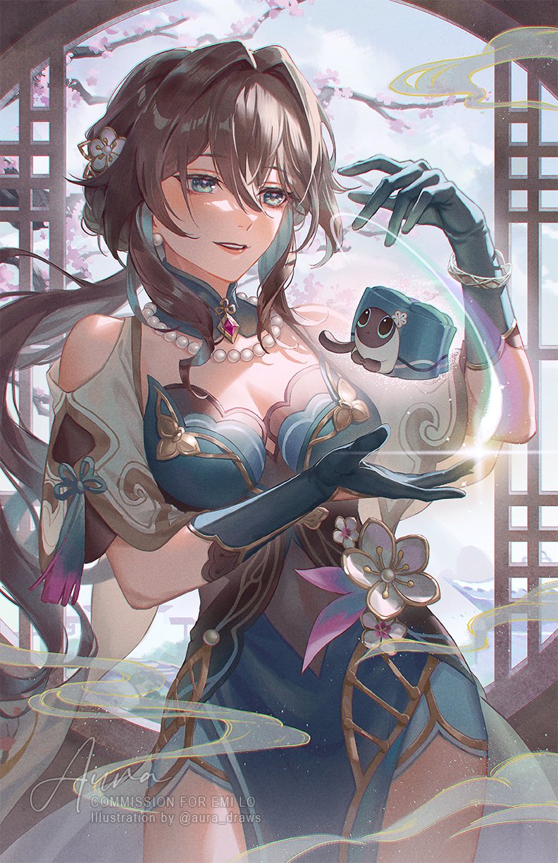 1girl, :d, animalization, aqua_dress, aqua_eyes, aqua_gloves, aura_draws, bare_shoulders