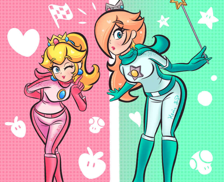 2girls, arm_behind_back, belt, biker_clothes, biker_peach, biker_rosalina, bikesuit, blonde_hair
