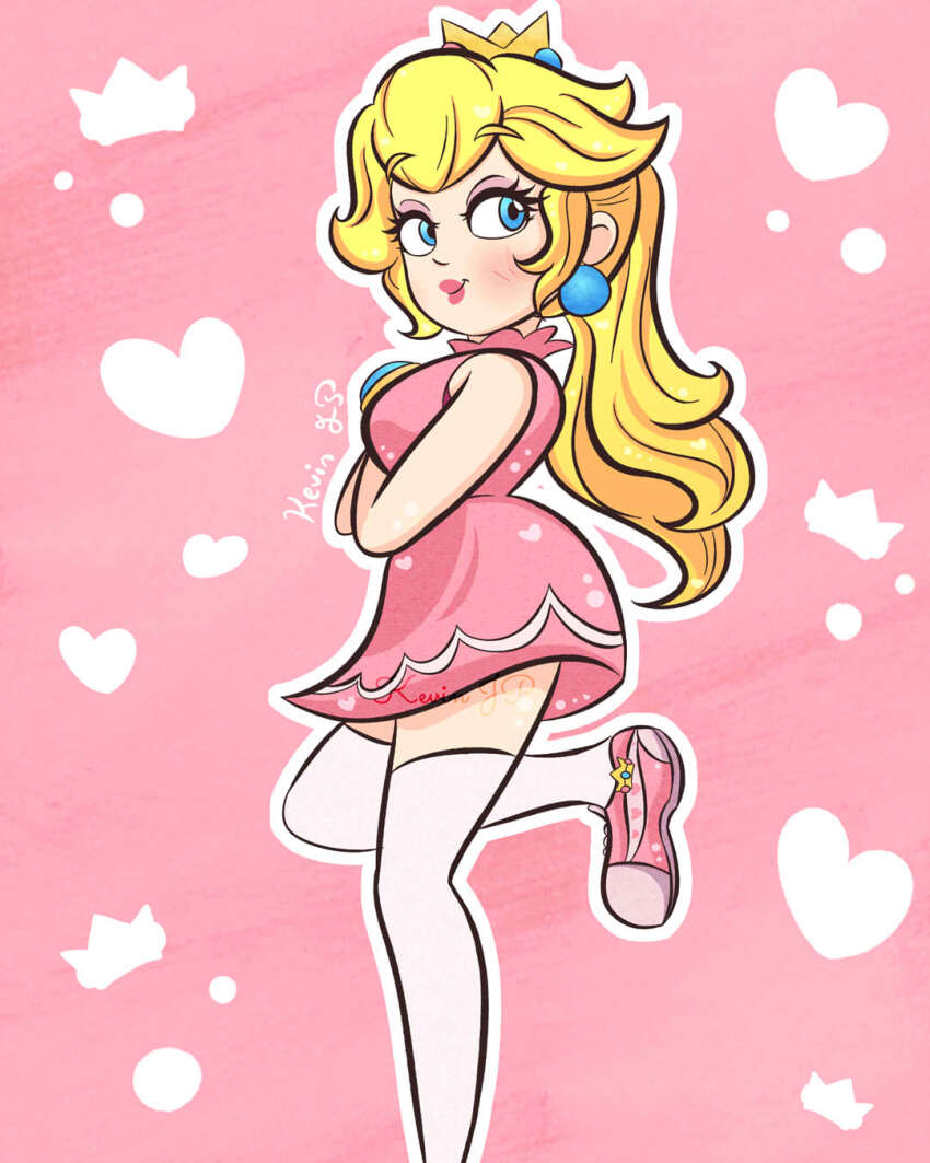 1girl, blonde_hair, blue_eyes, blue_gem, blush, breasts, crossed_arms, crown, dress, earrings, eyeshadow, gem, heart, heart_print, highres, jewelry, kevinjp, long_hair, looking_to_the_side, makeup, mario_(series), mario_tennis, medium_breasts, nintendo, pink_background, pink_dress, pink_footwear, pink_lips, ponytail, princess_peach, print_dress, shoes, sleeveless, sleeveless_dress, smile, sneakers, sportswear, standing, standing_on_one_leg, tennis_uniform, thighhighs, white_thighhighs