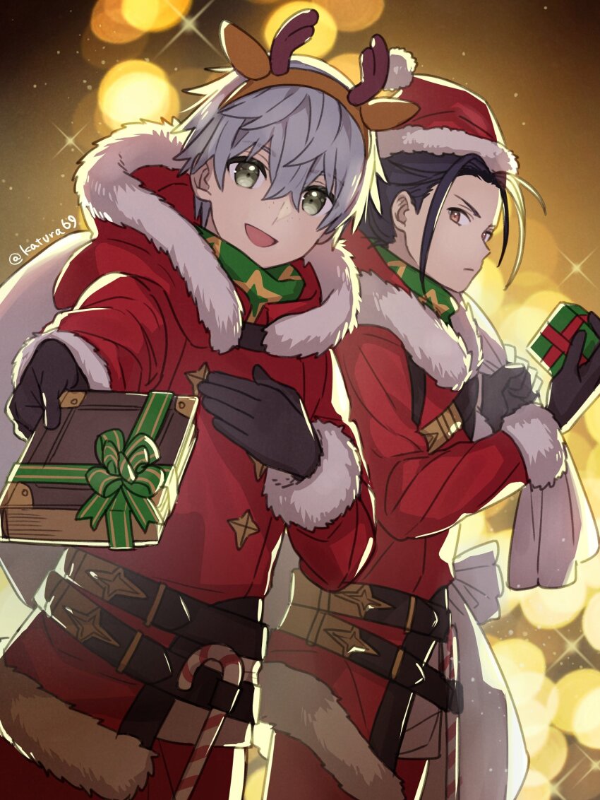 2boys, alternate_costume, ashe_ubert, black_hair, book, candy, candy_cane, felix_hugo_fraldarius
