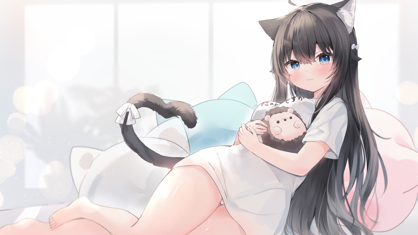 1girl, :3, absurdres, ahoge, animal_ear_fluff, animal_ears, barefoot, black_hair