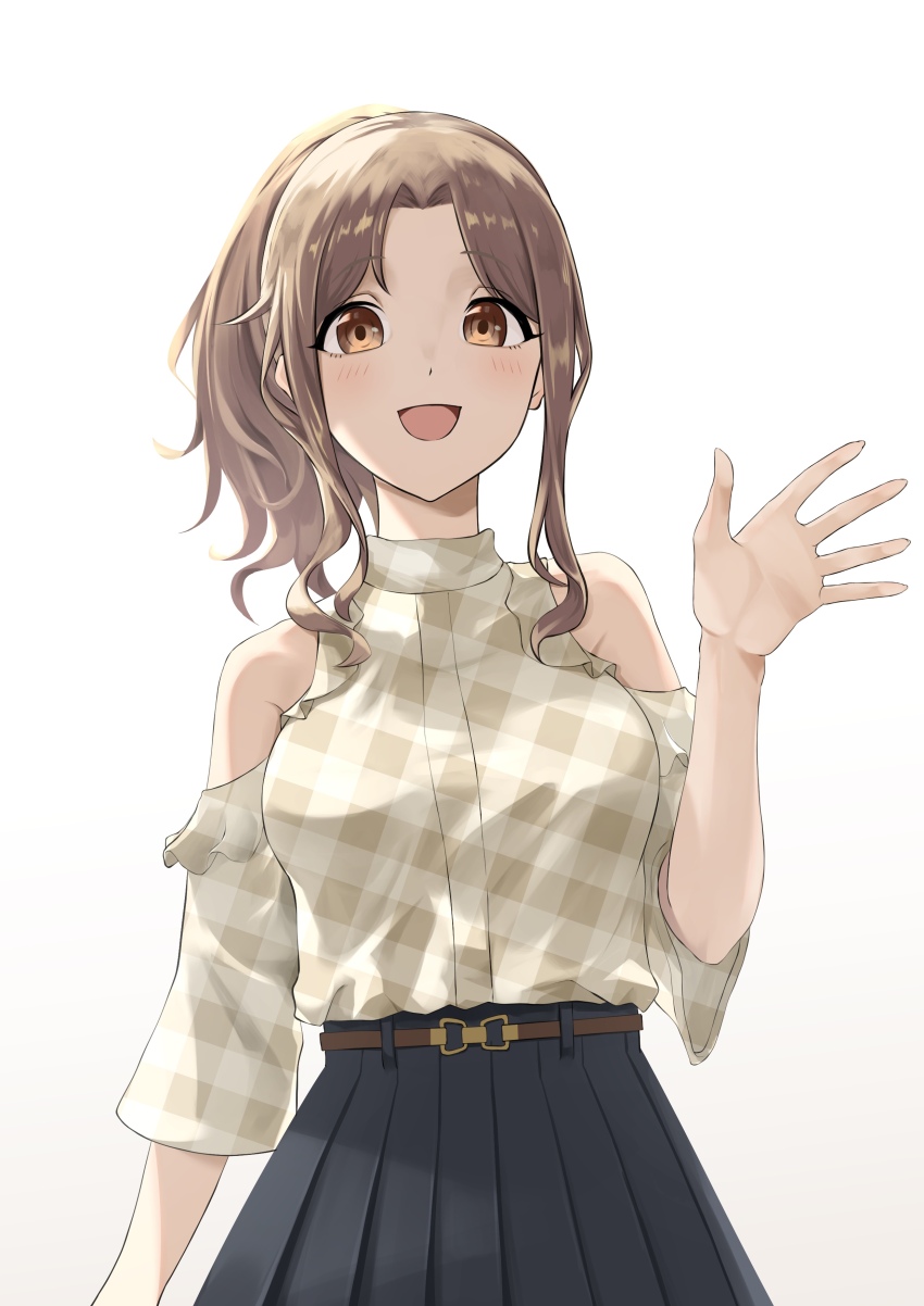 1girl, absurdres, belt, black_skirt, blush, brown_belt, brown_eyes, brown_hair
