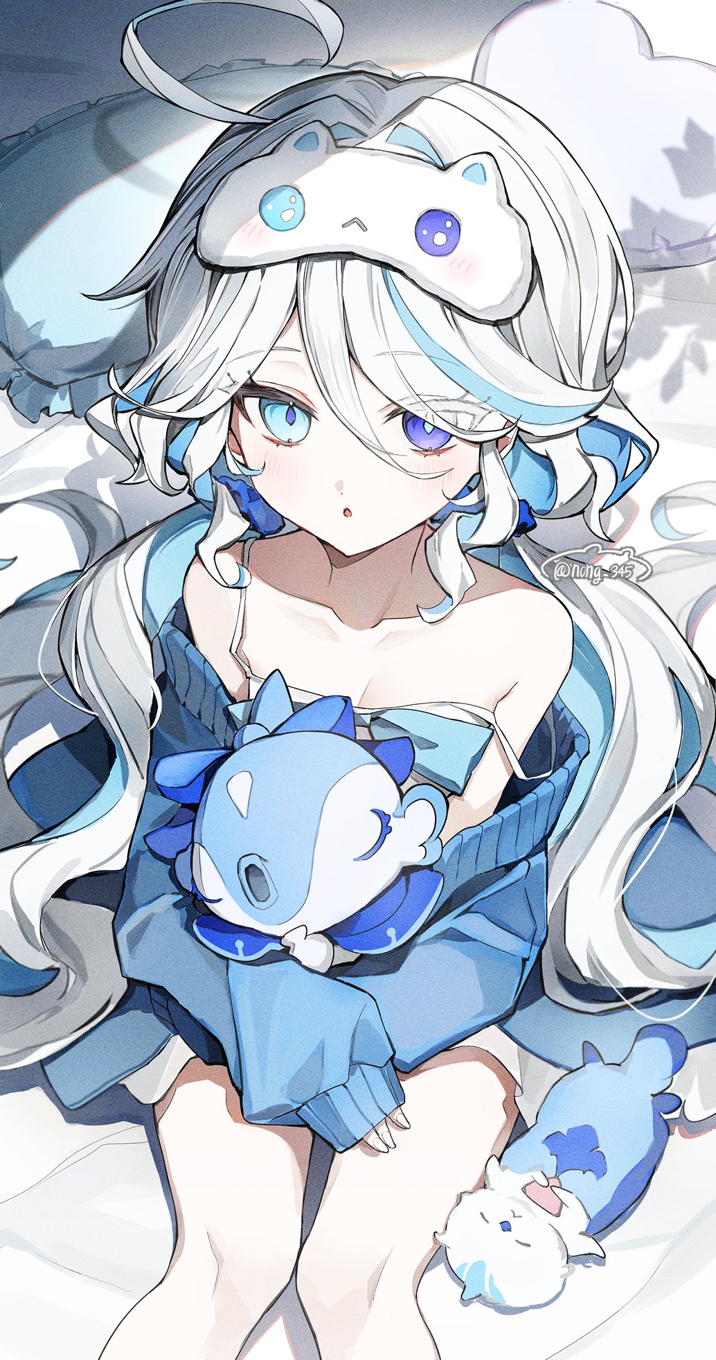 1girl, :o, ahoge, alternate_costume, animal, animal_hug, bare_shoulders, blue_cardigan