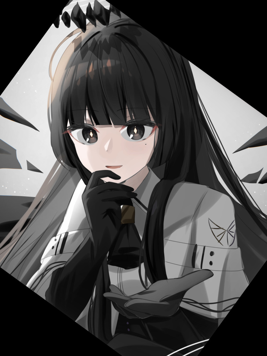 1girl, ahoge, arknights, ascot, black_ascot, black_border, black_bustier, black_eyes