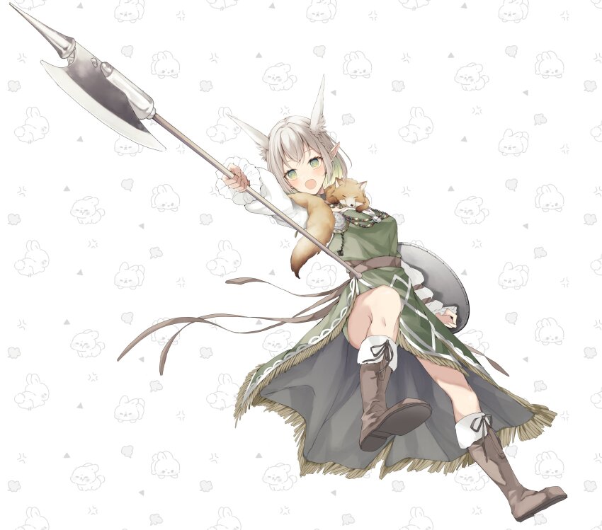 1girl, absurdres, alfhilde_odinsdottir, animal, animal_on_back, animal_on_shoulder, armada_niwaka, boots, braid, brown_boots, brown_sash, commentary, commentary_request, commission, dated_commentary, detached_sleeves, dress, english_commentary, fingernails, fox, frilled_sleeves, frills, fringe_trim, full_body, green_dress, green_eyes, halberd, head_wings, highres, holding, holding_polearm, holding_weapon, indie_virtual_youtuber, jewelry, knee_boots, knee_up, long_sleeves, mixed-language_commentary, necklace, open_mouth, outstretched_arm, pointy_ears, polearm, shoe_soles, short_hair, single_braid, skeb_commission, solo, virtual_youtuber, weapon, white_background, white_hair, white_sleeves, wings