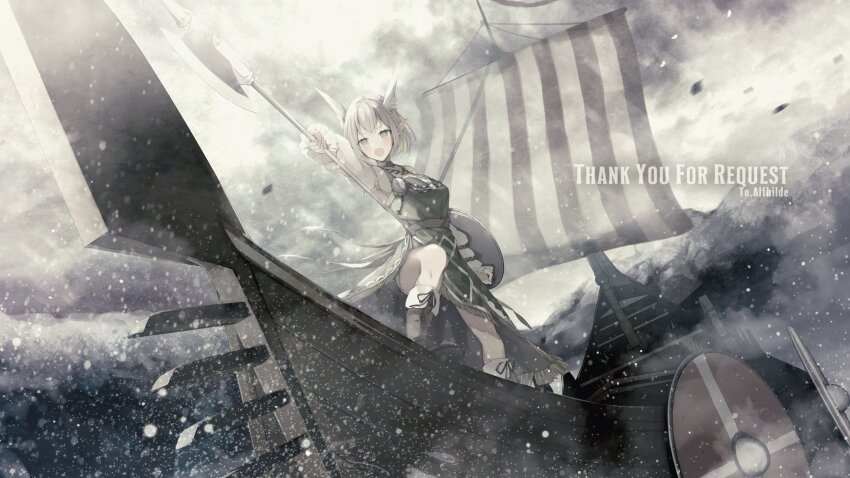 1girl, alfhilde_odinsdottir, armada_niwaka, blizzard, bloom, boots, braid, brown_boots