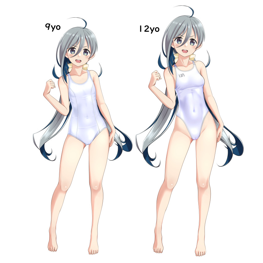 2girls, absurdres, age_progression, ahoge, bare_shoulders, barefoot, breasts, collarbone, commentary_request, comparison, competition_swimsuit, covered_navel, dual_persona, flat_chest, full_body, grey_eyes, grey_hair, groin, hair_between_eyes, hair_ribbon, highleg, highleg_one-piece_swimsuit, highres, kantai_collection, kiyoshimo_(kancolle), kiyoshimo_kai_ni_(kancolle), loli, long_hair, looking_at_viewer, low_twintails, multiple_girls, new_school_swimsuit, one-piece_swimsuit, open_mouth, ribbon, round_teeth, school_swimsuit, small_breasts, standing, swimsuit, takafumi, teeth, twintails, upper_teeth_only, v-shaped_eyebrows, variant_set, very_long_hair, white_one-piece_swimsuit