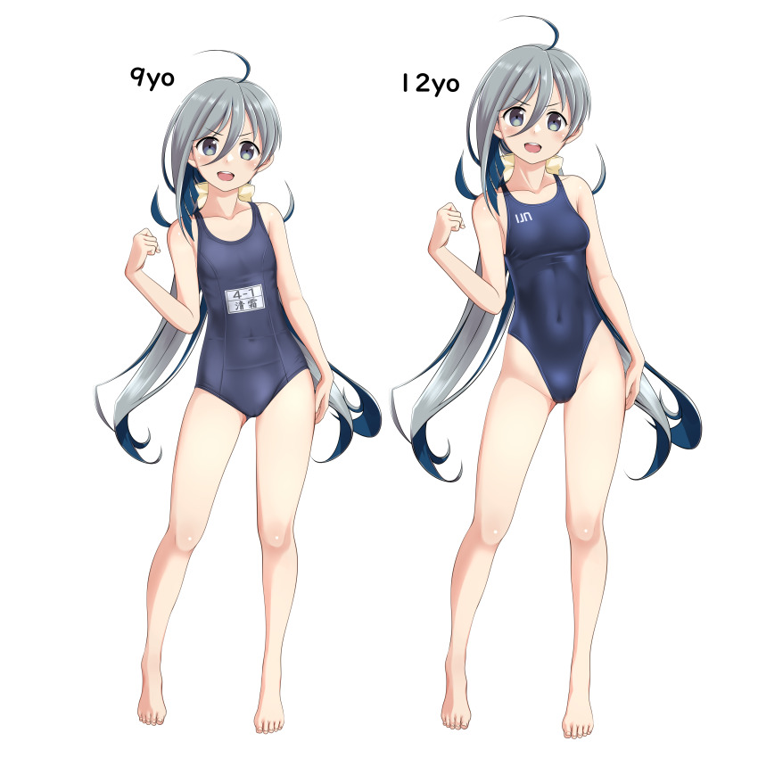 absurdres, ahoge, bare_shoulders, barefoot, blue_one-piece_swimsuit, breasts, collarbone, commentary_request, comparison, competition_swimsuit, covered_navel, dual_persona, flat_chest, full_body, grey_eyes, grey_hair, groin, hair_between_eyes, hair_ribbon, highleg, highleg_one-piece_swimsuit, highres, kantai_collection, kiyoshimo_(kancolle), kiyoshimo_kai_ni_(kancolle), loli, long_hair, looking_at_viewer, low_twintails, name_tag, new_school_swimsuit, one-piece_swimsuit, open_mouth, ribbon, round_teeth, school_swimsuit, small_breasts, swimsuit, takafumi, teeth, twintails, upper_teeth_only, v-shaped_eyebrows, variant_set, very_long_hair