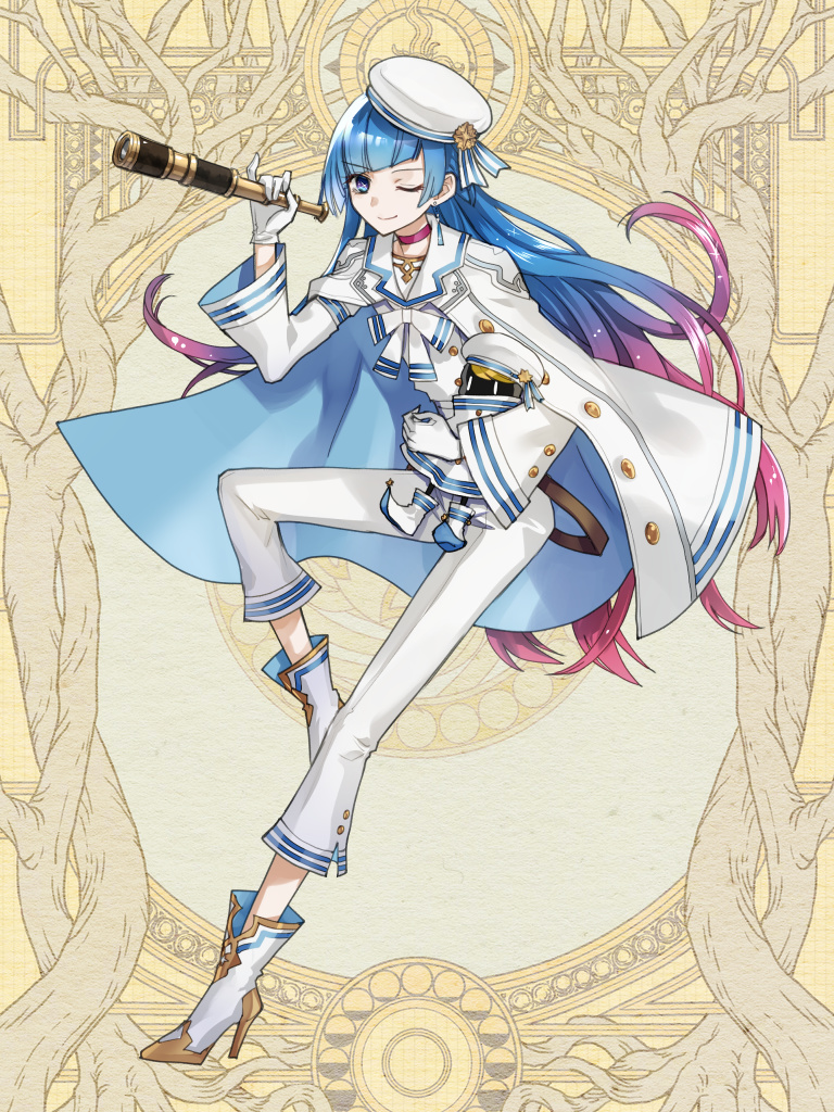 1boy, ;), alba_alfurira, androgynous, blue_eyes, blue_hair, boots, bow