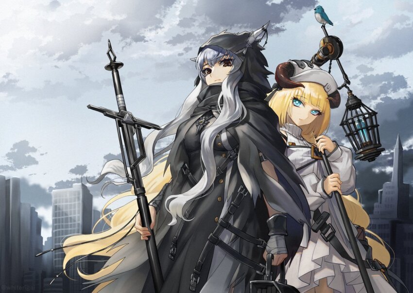 2girls, arknights, black_cloak, blonde_hair, cityscape, cloak, cloud, cloudy_sky, demon_horns, grey_sky, holding, holding_staff, holding_sword, holding_weapon, hood, hooded_cloak, horns, horns_through_headwear, horns_through_hood, long_hair, long_sword, multiple_girls, nightingale_(arknights), pointy_ears, rigai_mayu, shining_(arknights), sky, staff, sword, torn_cloak, torn_clothes, very_long_hair, weapon, white_hair