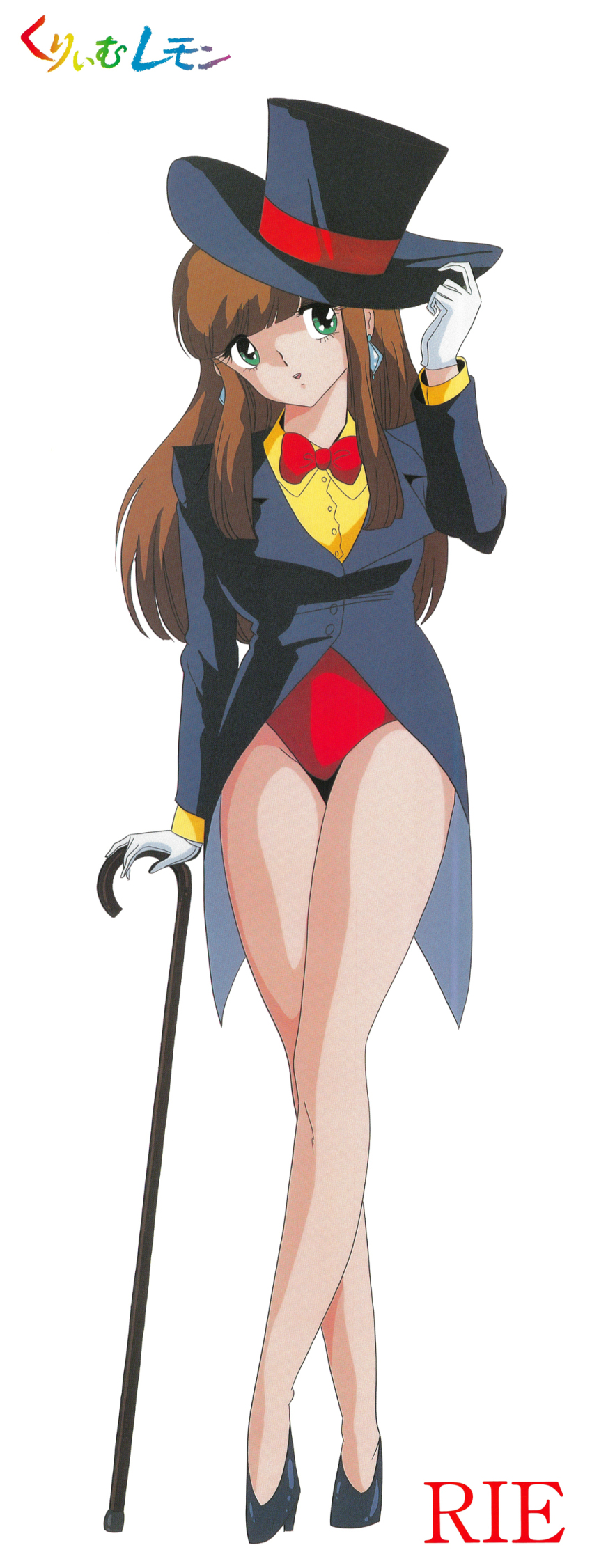 1980s_(style), 1girl, absurdres, adjusting_clothes, adjusting_headwear, bow, bowtie, brown_hair