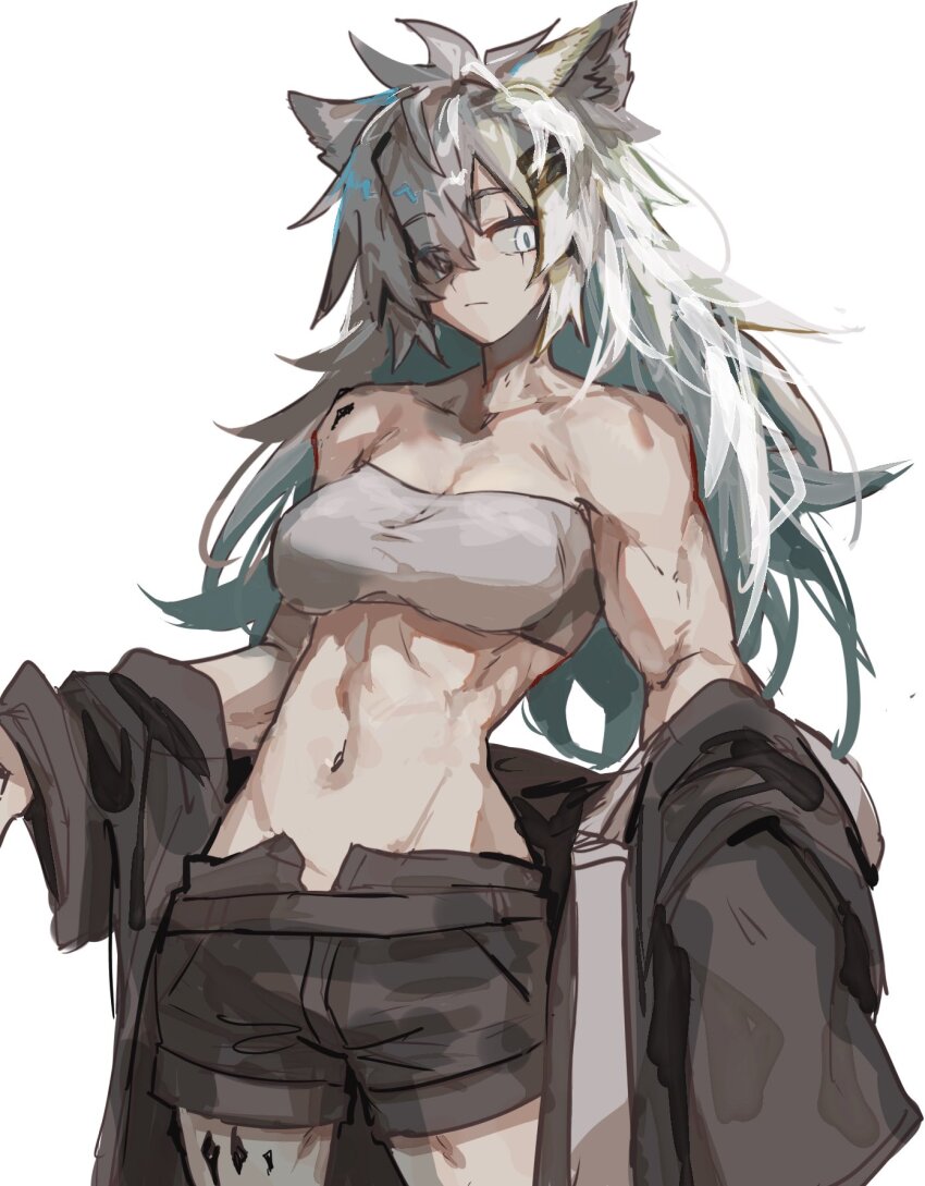 1girl, animal_ear_fluff, animal_ears, antenna_hair, arknights, bandeau, bare_arms, bare_shoulders