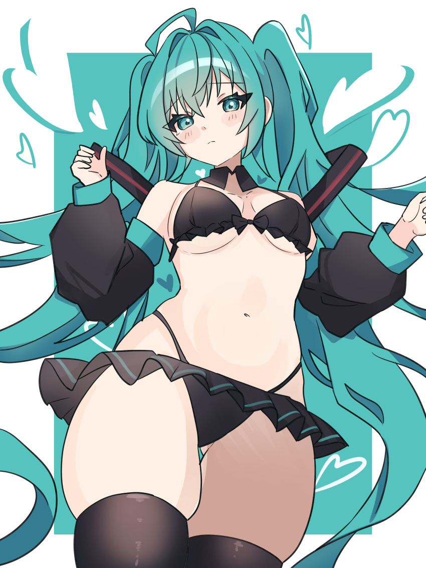 1girl, absurdres, ahoge, alternate_costume, aqua_background, aqua_eyes, aqua_hair, bikini