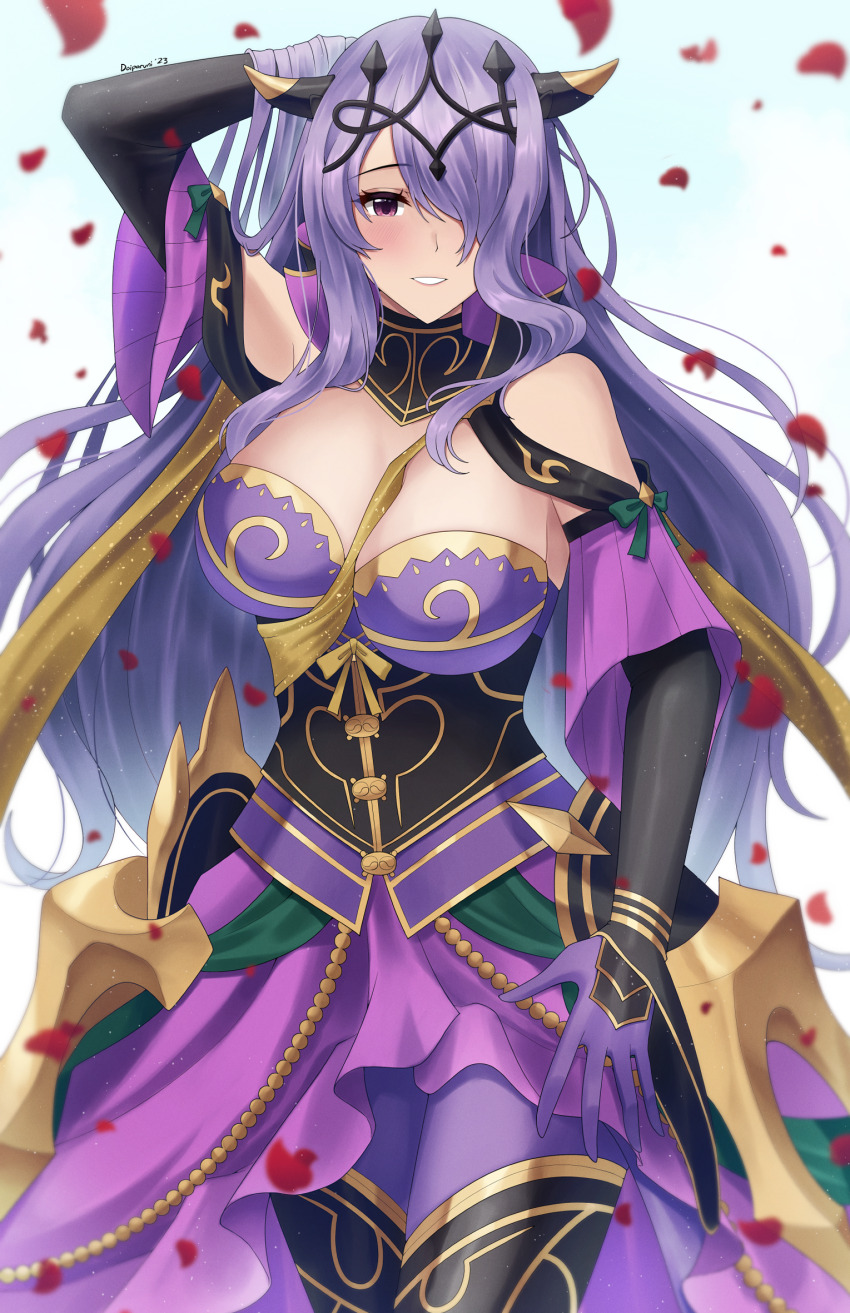 1girl, armor, armored_dress, blush, breasts, camilla_(alluring_darkness)_(fire_emblem), camilla_(fire_emblem), cleavage