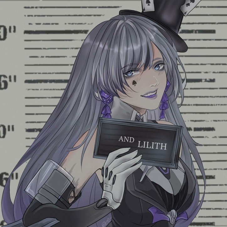 1girl, barbie_mugshot_(meme), black_headwear, black_shirt, card, character_name, cube_earrings, cylinder