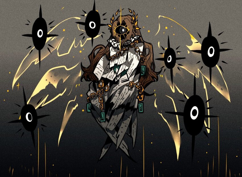 1girl, aislan, angel, brown_hair, chain, e.g.o_(project_moon), extra_eyes, heavenly_executor's_scribe