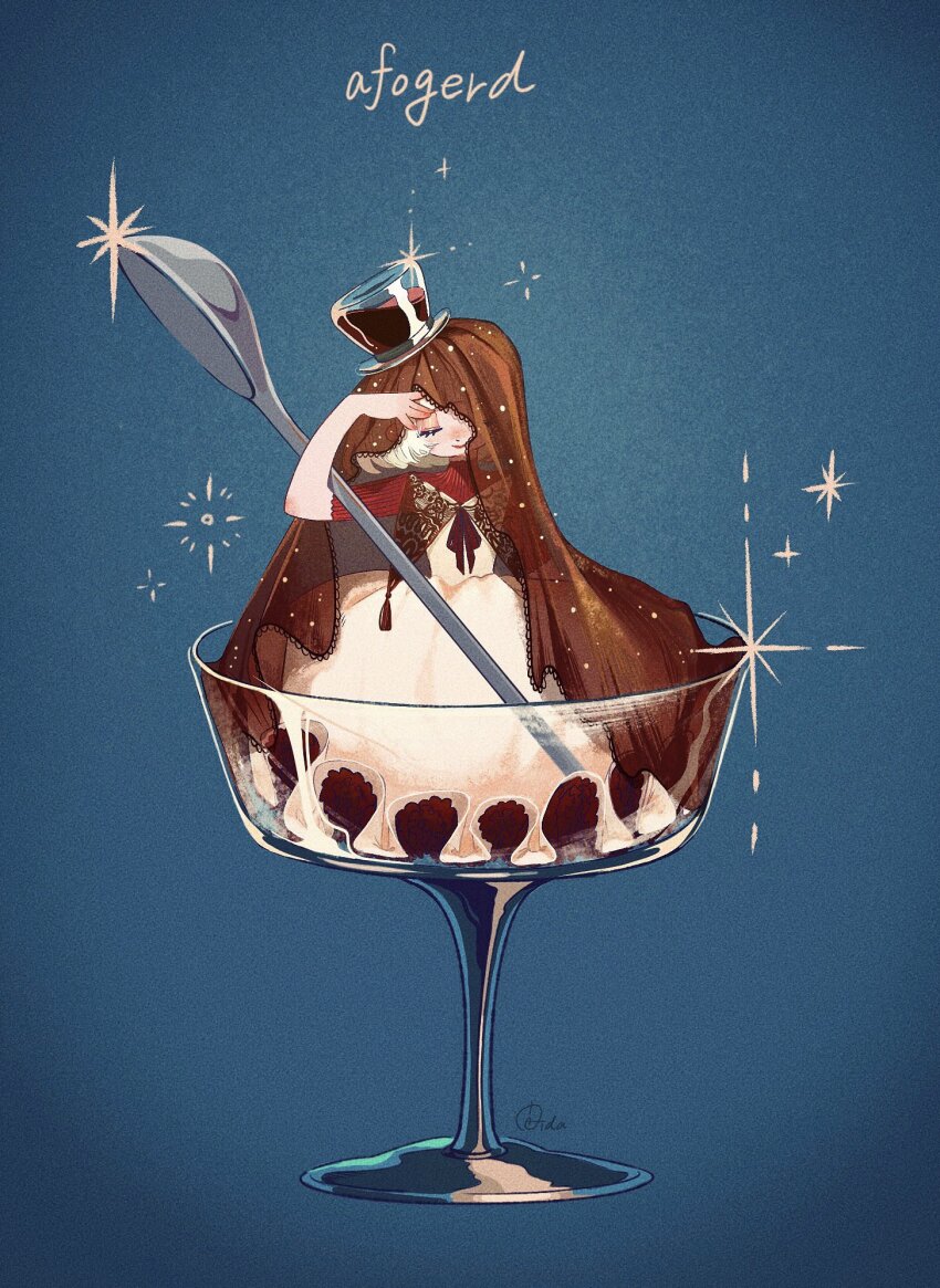 1girl, affogato, aida_mogmog513, blue_background, bow, bowtie, brown_veil, closed_eyes, closed_mouth, coffee, cream, cup, dress, drinking_glass, facing_viewer, food, hand_up, hat, highres, ice_cream, in_container, in_cup, original, oversized_object, personification, petticoat, pinafore_dress, red_bow, red_bowtie, red_shirt, red_sweater, see-through_clothes, shirt, short_hair, short_sleeves, sitting, sleeveless, sleeveless_dress, smile, solo, sparkle, spoon, sweater, top_hat, twitter_username, veil, veil_lift, white_dress, white_hair