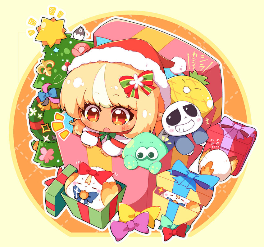 1girl, bird, blonde_hair, box, chibi, christmas_present, christmas_tree, elfriend_(shiranui_flare)