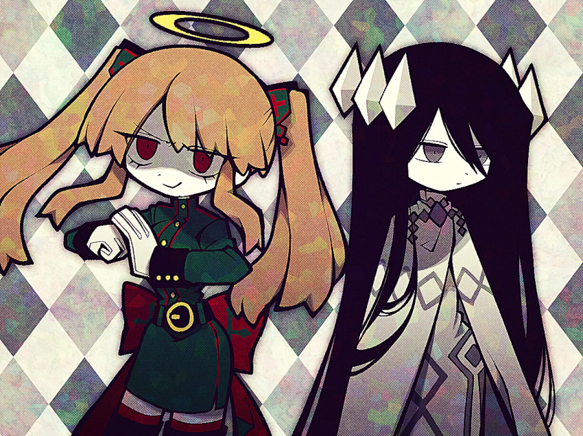 2girls, angel, argyle_background, argyle_clothes, belt, black_hair, bow, capelet, colored_skin, commission, crystal_hair_ornament, dress, etihw_(funamusea), evil_grin, evil_smile, funamusea, funamusea_(artist), gloves, grey_eyes, grin, haiiro_teien, hair_ornament, halo, light_brown_hair, looking_at_viewer, looking_to_the_side, military_uniform, multiple_girls, official_art, red_bow, rigatona_(funamusea), skeb_commission, smile, smug, white_background, white_capelet, white_dress, white_gloves, white_skin