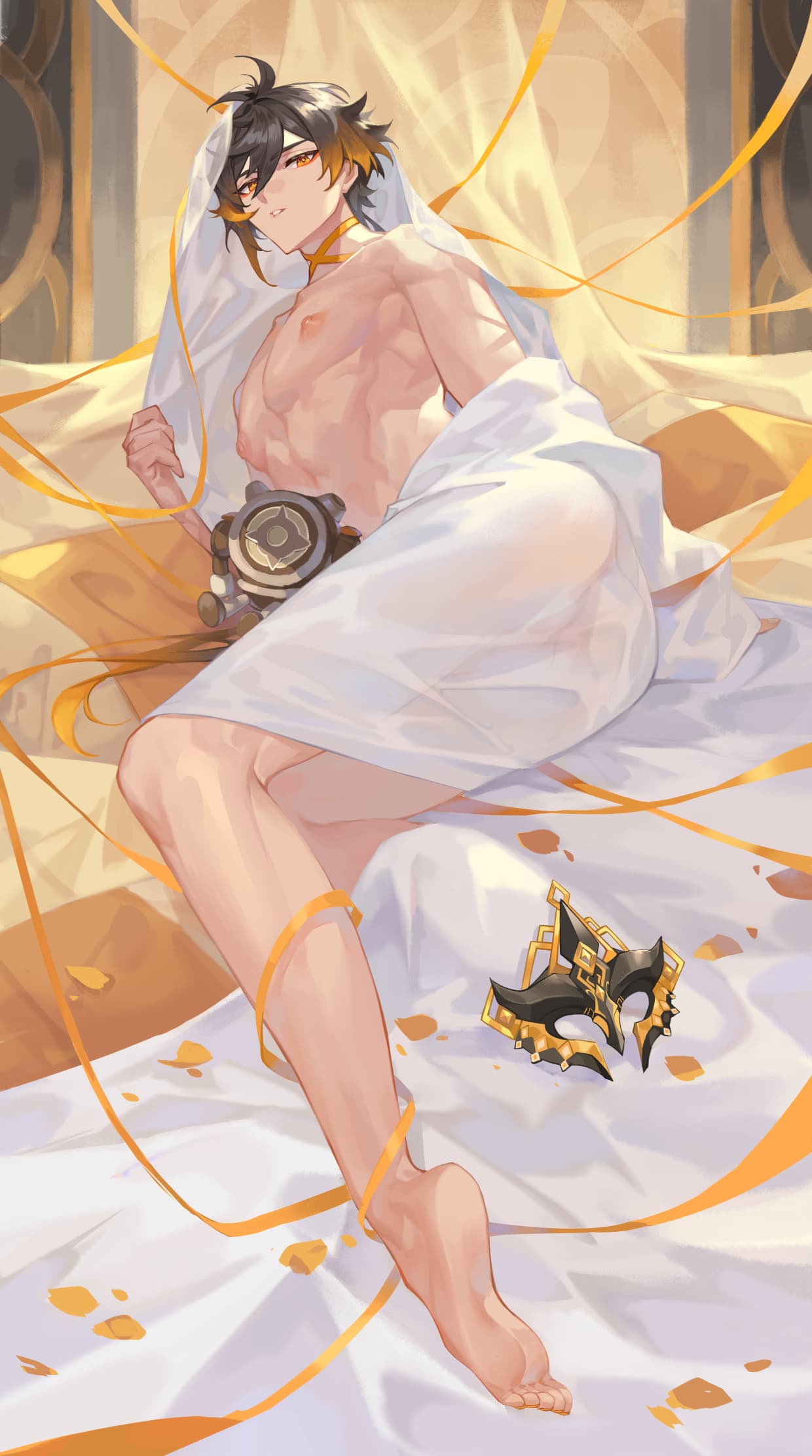 1boy, bare_shoulders, bed, bed_sheet, genshin_impact, half-covered_body, highres, looking_at_viewer, male_focus, mask, nipples, petals, ribbon, seductive_gaze, solo, stuffed_toy, toy, yewood, zhongli_(genshin_impact)