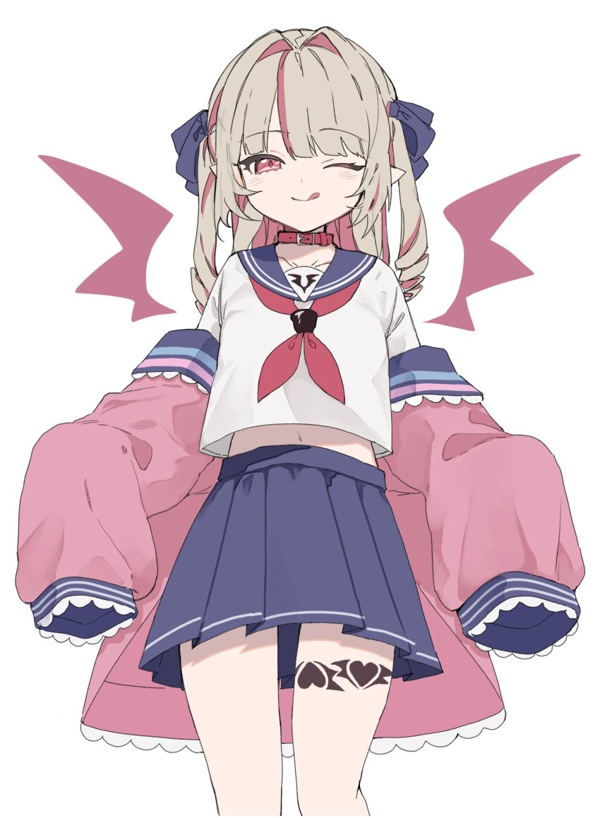 1girl, :q, blue_sailor_collar, blue_skirt, blush, collar, commentary_request, grey_hair